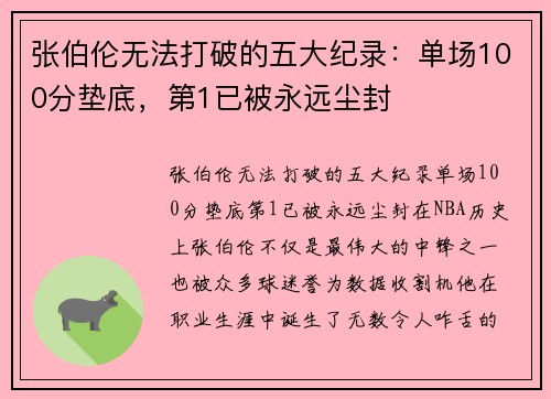 张伯伦无法打破的五大纪录：单场100分垫底，第1已被永远尘封